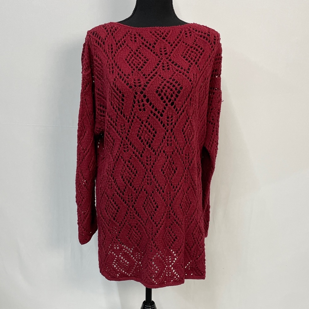 Vittadini Sport Red Crochet Knit Tunic Sweater, cotton-silk blend, size M